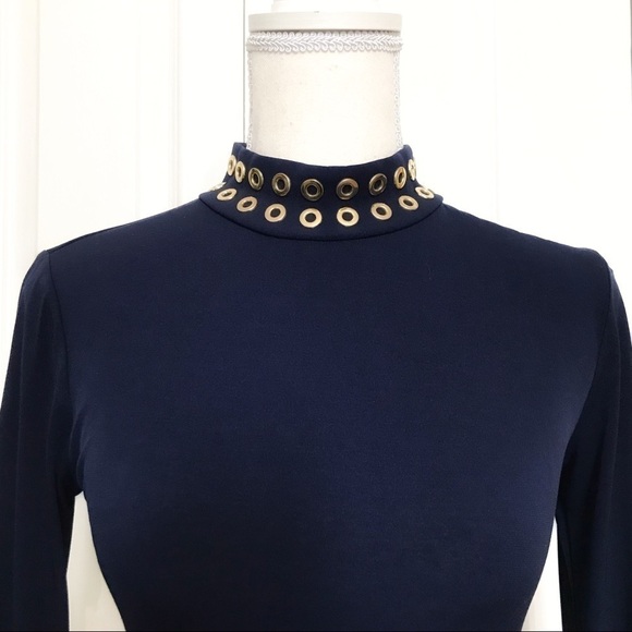 MICHAEL MICHAEL KORS NAVY MIDI GOLD METAL DRESS - XXS - Picture 4 of 10